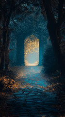 Obraz premium Mystical forest archway with illuminated pathway and autumn foliage, perfect as phone background wallpaper
