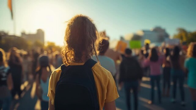 Crowd Gathers for Social Justice March at Sunset With People Raising Fists in Solidarity. Generative AI