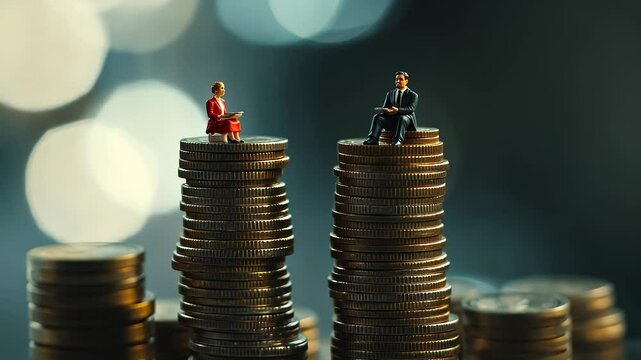 Two miniature people sitting on stacks of coins. A stack of coins with a blurred background. Business people glare at toys. Two tiny individuals perched on piles of lifestyle coins.