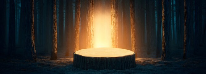 A podium formed from aged tree bark, standing on the right in a dense, glowing forest.