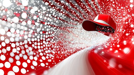Red and white baseball cap floating in a light tunnel