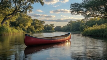 Fototapeta premium Serene sunset view of a red canoe gently floating on a calm river, surrounded by lush green trees