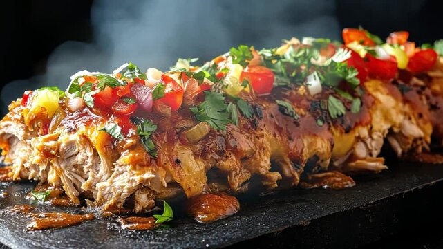 Succulent Roasted Meat Dish Garnished with Fresh Vegetables and Sizzling Sauce on Black Serving Board, Perfect for Gourmet Dining Experience