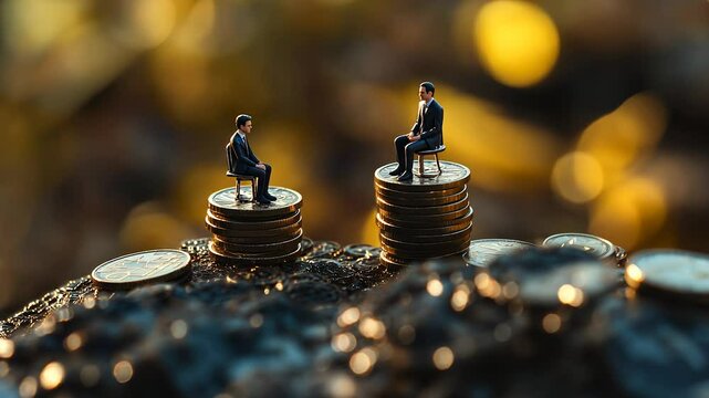 Two miniature people sitting on stacks of coins. A stack of coins with a blurred background. Business people glare at toys. Two tiny individuals perched on piles lifestyle of coins.