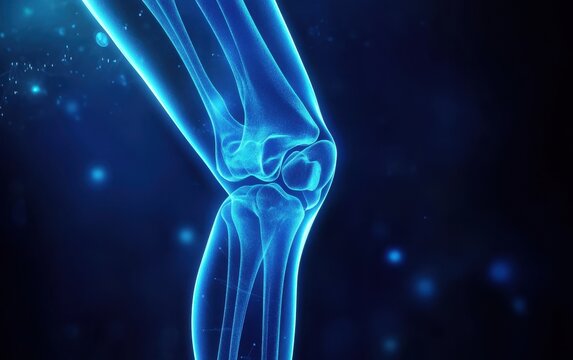 Human Knee Joint Digital Anatomy: Glowing Blue Skeletal Structure