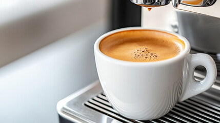 close up of white espresso cup filled with rich coffee, showcasing its creamy texture and frothy