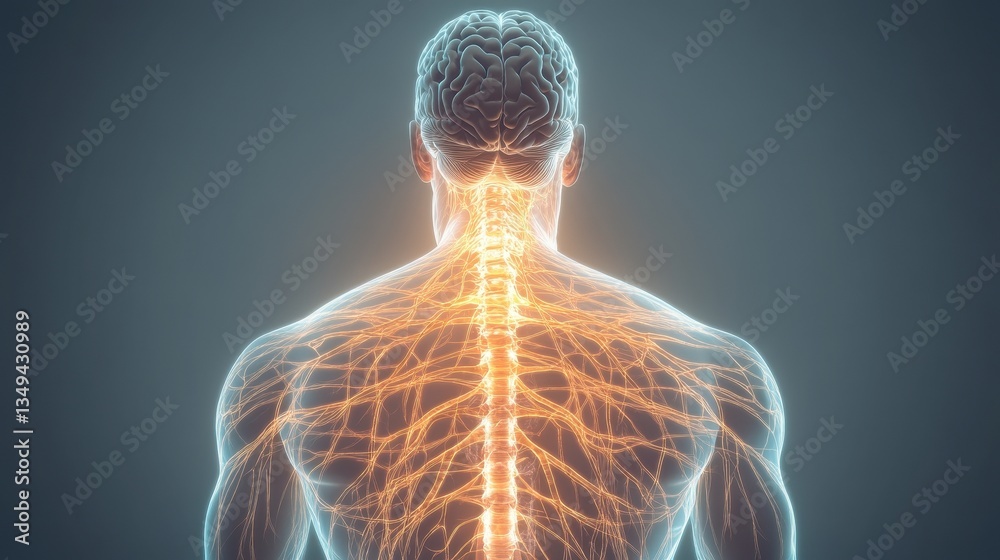 Poster Human Nervous System Anatomy: Rear View 3D Rendering with Glowing Neural Network