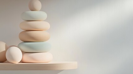 Stack of wooden pebbles arranged in a pyramid-like structure on a white shelf against a plain white wall.