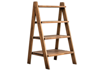 Wooden ladder shelving unit, rustic design, empty shelves, cutout transparent