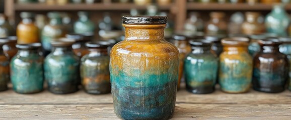 Teal and gold glazed jar in front of similar jars