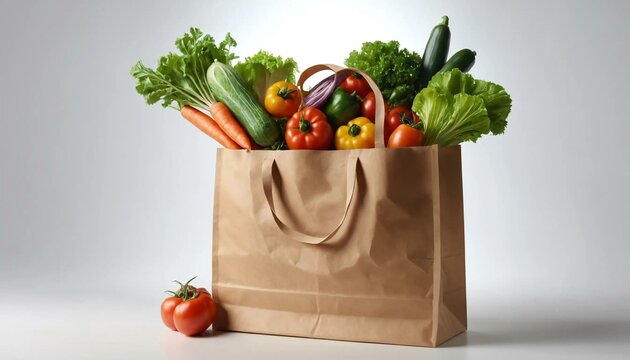 Image r&eacute;aliste 4K d&rsquo;un sac en papier rempli de l&eacute;gumes frais sur fond blanc.