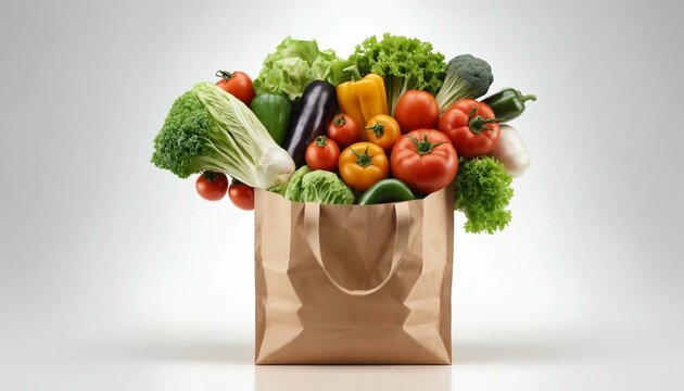 Image r&eacute;aliste 4K d&rsquo;un sac en papier rempli de l&eacute;gumes frais sur fond blanc.