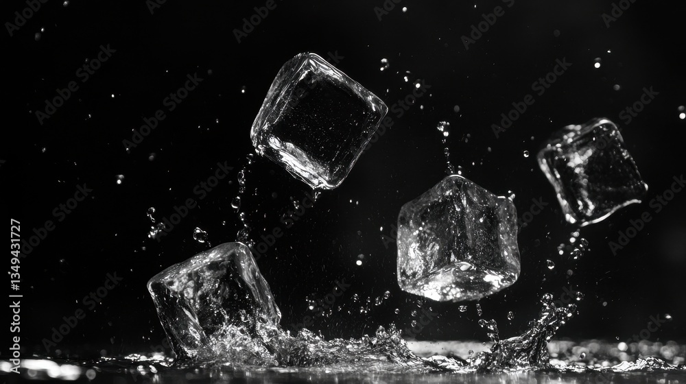 Poster ice cubes splashing on black background