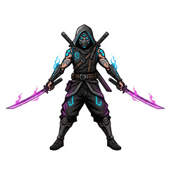 Obraz premium Cyberpunk Ninja Warrior with Glowing Katana Swords