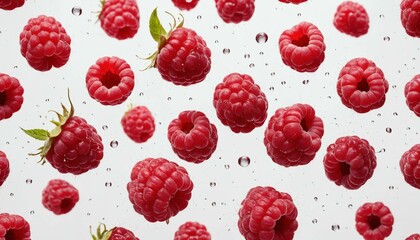 Image réaliste 4K de framboises flottantes sur fond blanc.