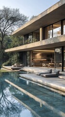 Fototapeta premium Modern house with infinity pool, sleek design, and open-plan living space