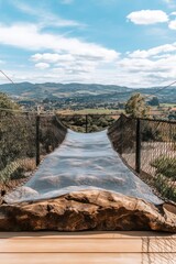 Elevated mesh walkway overlooking scenic valley. Rustic wood and metal framework