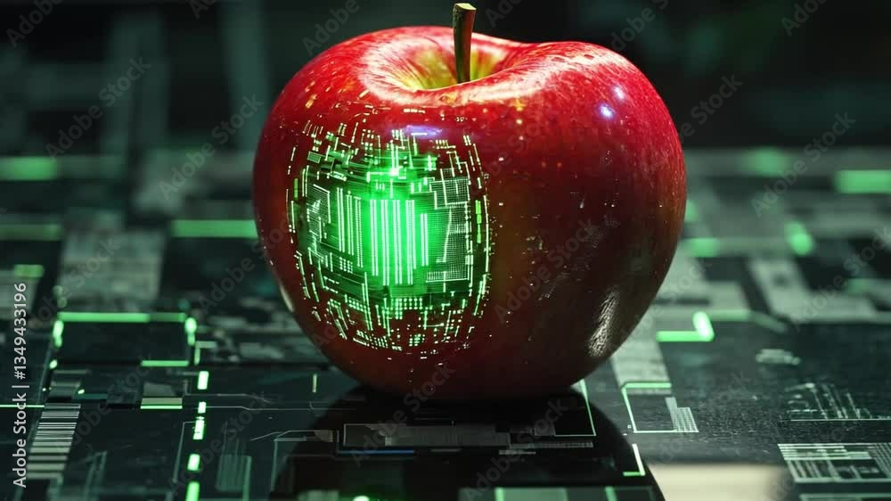 Wall mural futuristic red apple with digital patterns glowing on surface, surrounded by circuit board elements,
