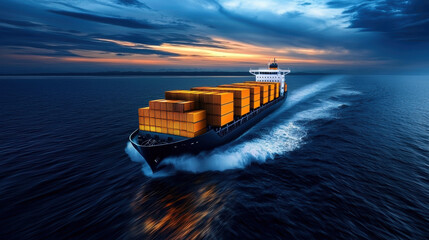 cargo ship navigating through calm waters at sunset, showcasing vibrant orange containers against dramatic sky