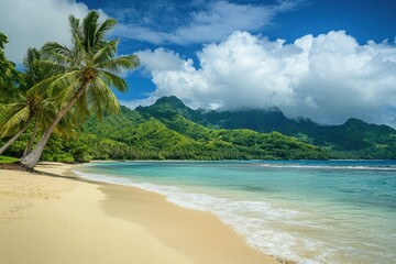 Tropical beach paradise with palm trees, turquoise water, and mountains (1)