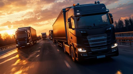 Peel and stick wall murals fleet of trucks driving on highway during sunset, showcasing beautiful sky and sense of adventure