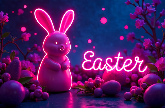 Glowing purple silhouette of a rabbit and many eggs on a neon background. Creative design for Easter day with copy space