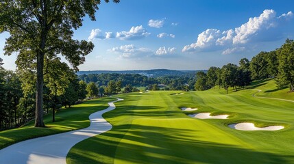 Naklejka premium Aerial view of a championship golf course under a bright blue sky, lush greens stretching out.