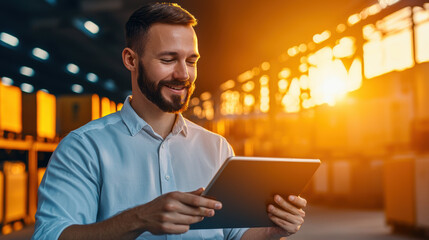 logistics coordinator smiles while using tablet in warehouse during sunset, showcasing productive work environment
