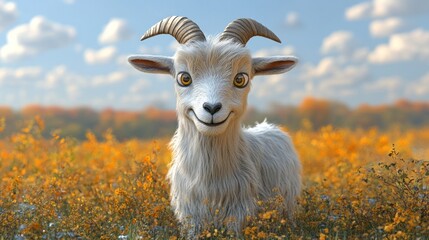 Happy white goat in autumn field