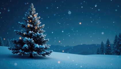 Fototapeta premium Spruce tree under starlight with snowflakes gently falling around it in a winter wonderland scene, peaceful, stars, spruce tree
