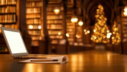 Laptop and Notebook on Desk in Festive Library Setting with Christmas Tree