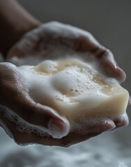 Obraz premium Close-up of soapy hands holding foamy soap bar for personal hygiene