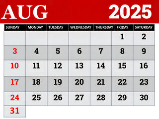 August 2025 Calendar: A clean and clear calendar for August 2025, featuring a concise layout and color-coded dates.