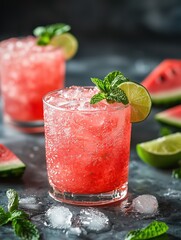 Refreshing watermelon cocktails with mint and lime, served over ice, perfect for summer gatherings and celebrations.