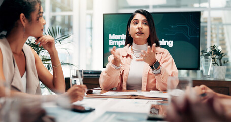 Collaboration, human resources and meeting with business woman in boardroom of office for workshop. Mental wellbeing, presentation and screen with employee team in workplace for staff wellness