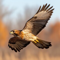 Fototapeta premium Majestic Hawk Soaring in Clear Blue Sky Captured in Flight