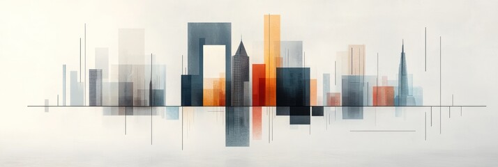 Abstract cityscape reflected in water, minimalist geometric buildings in muted tones