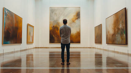 Fototapeta premium Private art appreciation moment of an art collector studying large abstract paintings in a gallery