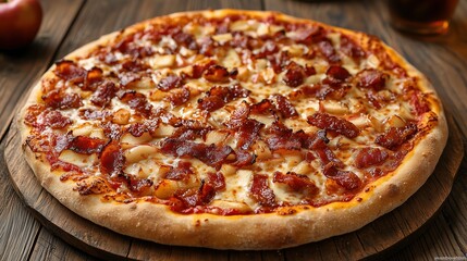 A delicious pizza topped with crispy bacon and cheese, served on a wooden board, showcasing a mouthwatering combination of flavors.