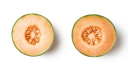 Two halves of cantaloupe, top view, isolated on white background. Possible use Food photography, healthy eating