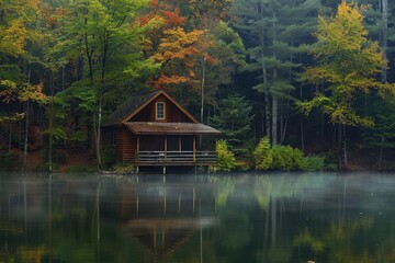 Fototapeta premium Rustic wooden cabin near serene lake surrounded by lush greenery reflecting calm waters in early morning light