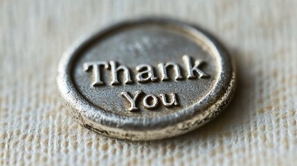 Close-up of a metallic coin with 'Thank You' engraving, symbolizing appreciation and gratitude.

