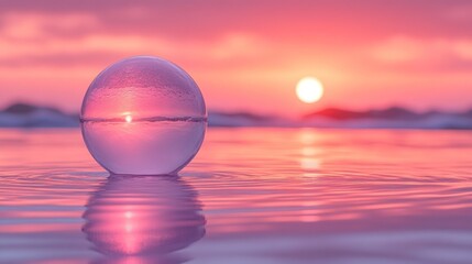 Crystal ball reflecting sunset over ocean