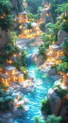 Fototapeta premium Serene, illuminated village nestled in lush, tropical valley alongside a flowing river
