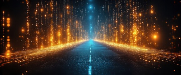 Glowing road leading into digital, shimmering, abstract future
