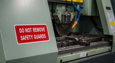Warning Sign on Industrial Saw Machine Emphasizing Workplace Safety