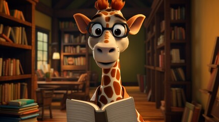 Animated giraffe reading book in library with bookshelves background.  Possible use children's book illustration