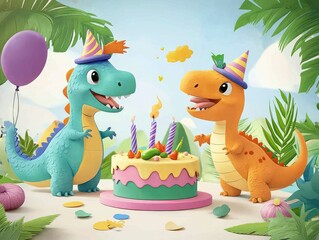 Two colorful cartoon dinosaurs celebrate a birthday party with a vibrant cake adorned with candles, surrounded by festive decorations and tropical foliage in a cheerful atmosphere