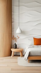 Serene bedroom with wavy wall, wooden accents, and orange pillow