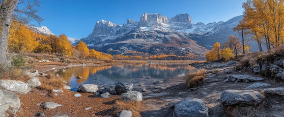 Serene autumnal lake reflecting snow-capped mountains and golden trees